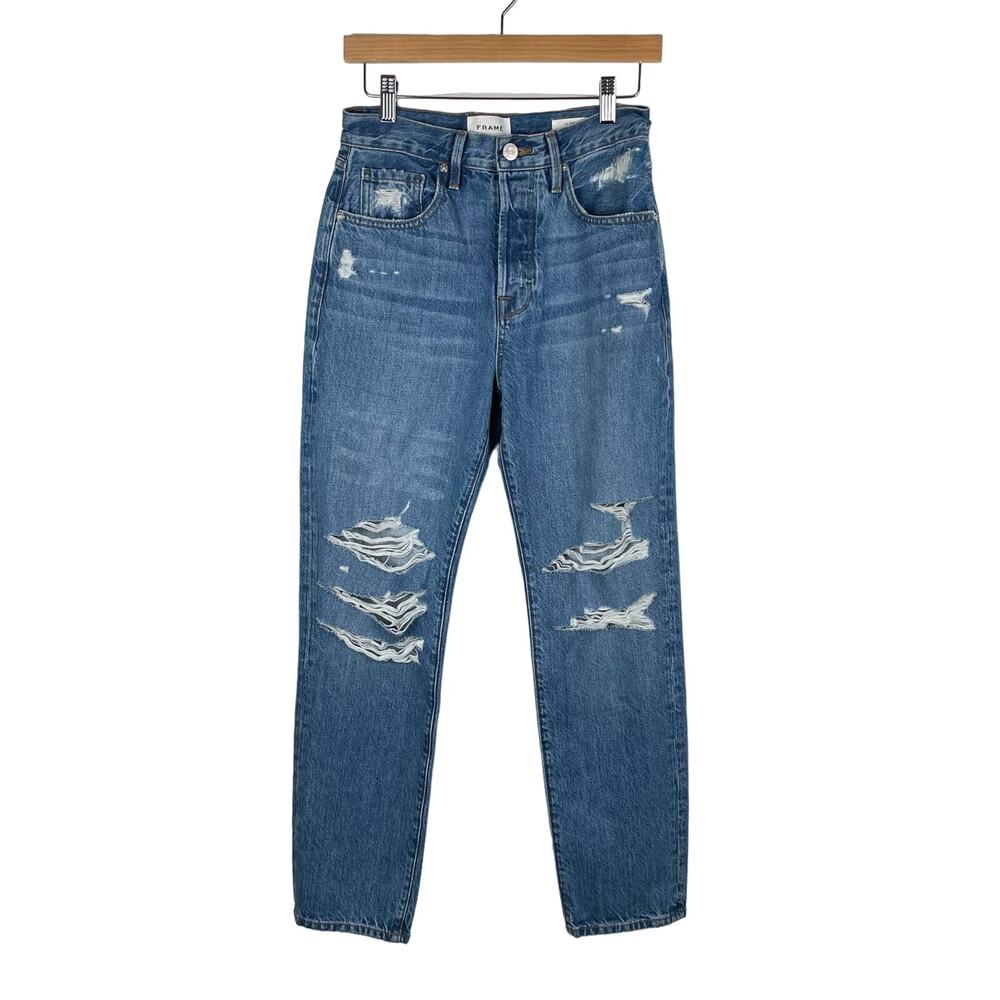 FRAME Le Original Distressed High-Rise Straight-Leg Jeans Size 25 Medium Wash